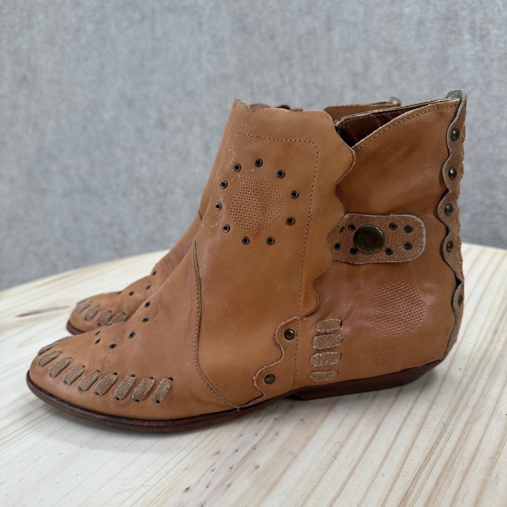 Boho Tan Leather‎ Whipstitch Scalloped Ankle Boots 5.5 Studded Western Booties